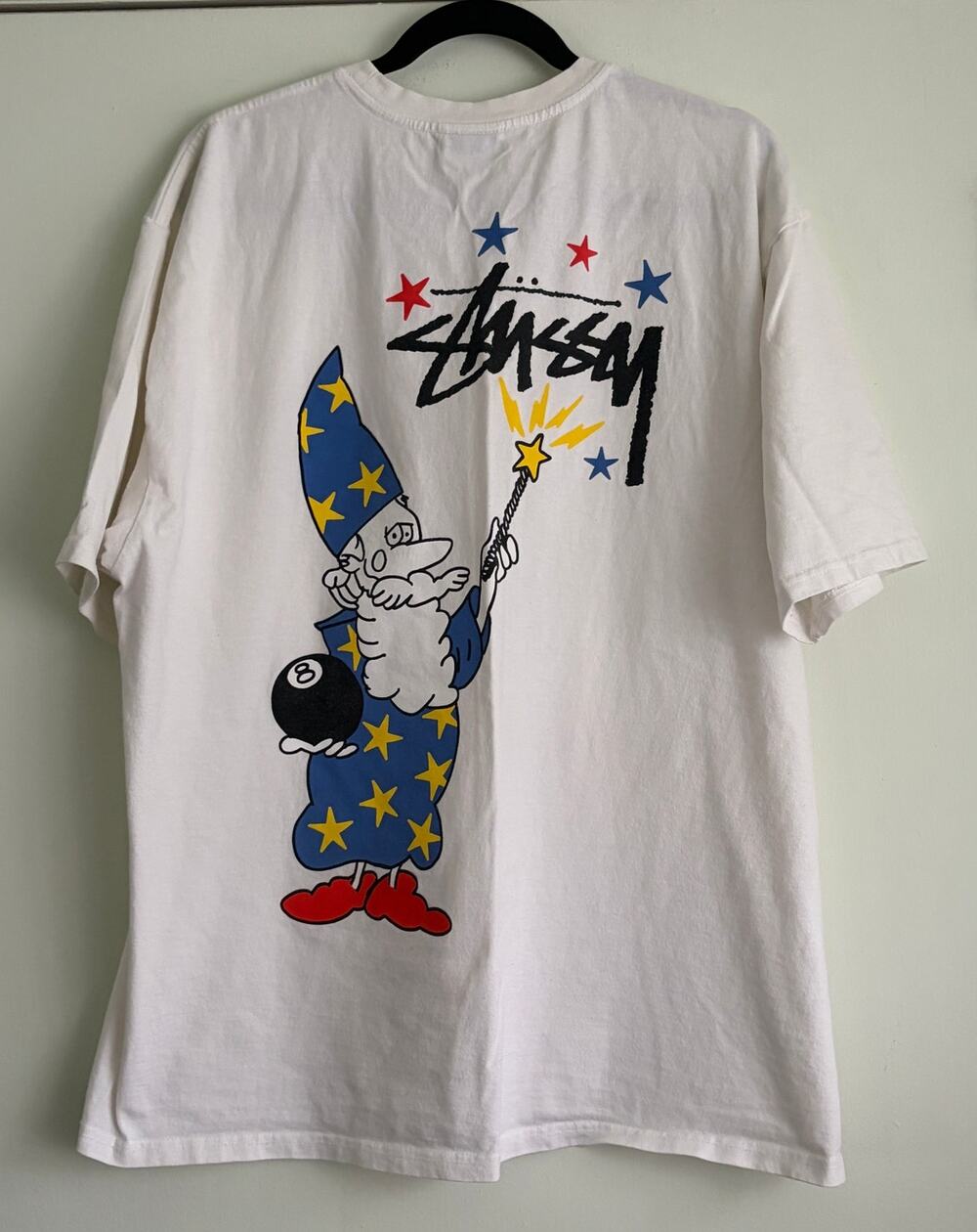 Stussy Wizard 8 Ball T-Shirt Men XL White Graphic Streetwear Tee Stained Flaw